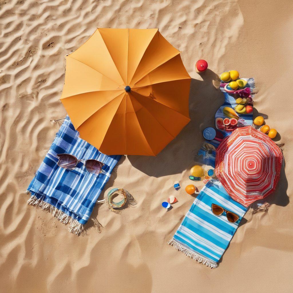 A sunlit beach scene showcasing a variety of vibrant swim accessories such as colorful beach towels, stylish sunglasses, trendy hats, and playful flip-flops scattered on the golden sand. Include a beach umbrella and a refreshing drink with fruit garnishes in the background, while waves gently lap at the shore. The atmosphere should be lively and inviting, reminiscent of a perfect summer day. super-realistic. vibrant colors. 3D.